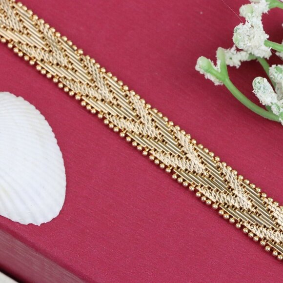 "Rose Gold Woven Pattern Bracelet with Beaded Edge, XPBL1127 - Picture 1 of 12